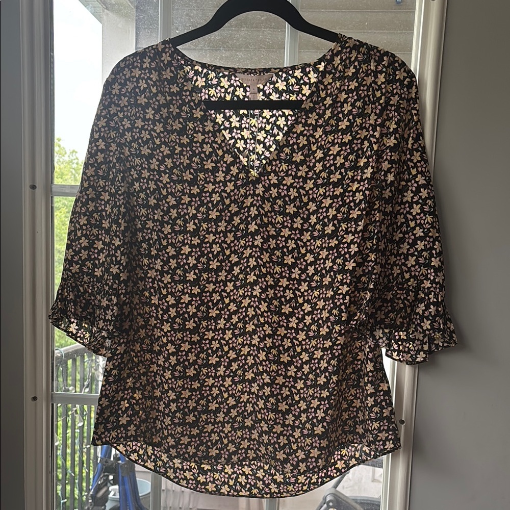 Rebecca Taylor Black and Pink Floral 3/4 Sleeve Blouse